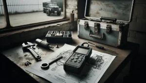 Vibration analysis technician using a handheld analyzer on a truck drivetrain schematic for preventive maintenance in a logistics vehicle bay.