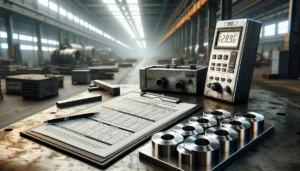 Quality control technician verifying steel batch hardness with ASTM A956 standard documents and calibrated tester in manufacturing facility.