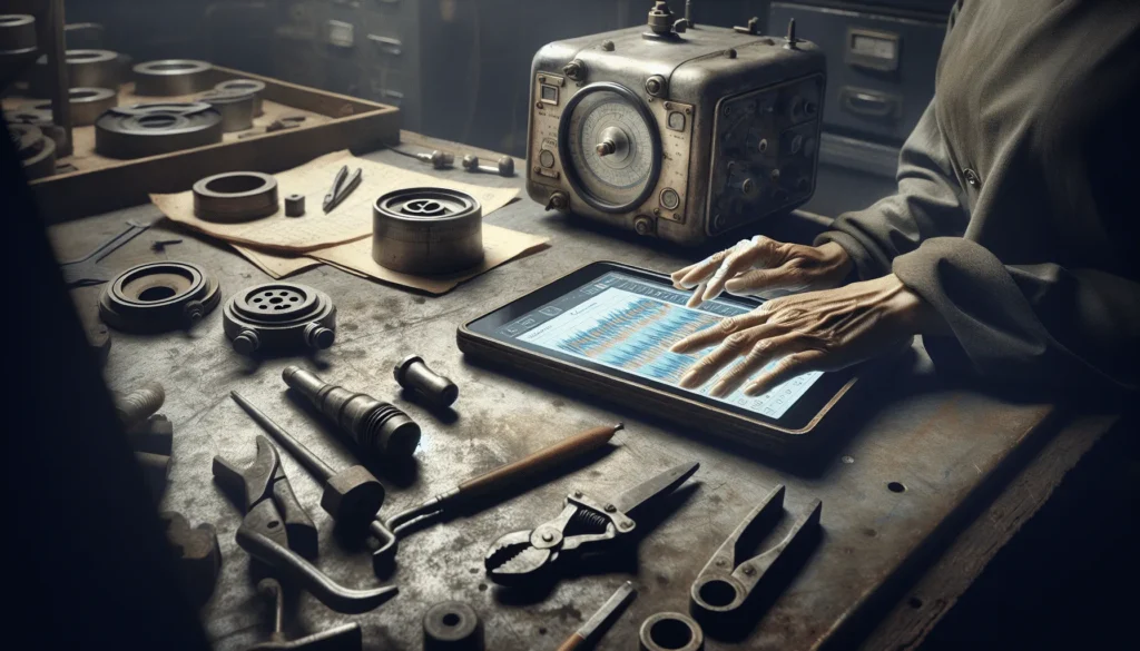 Technician analyzing vibration data on a tablet to select optimal machine spare parts.