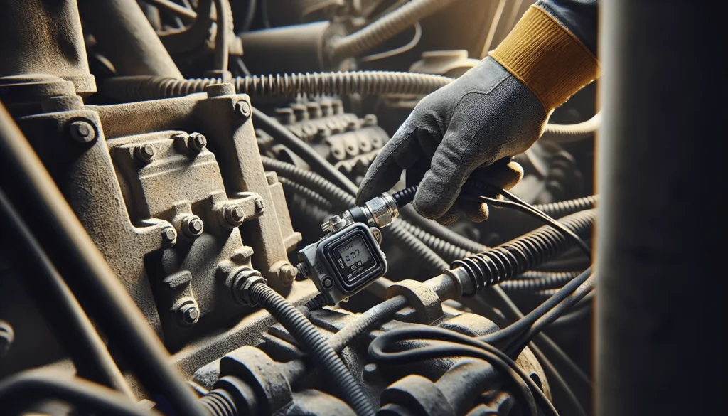 Technician adjusting a vibration monitoring sensor on a dusty excavator engine for heavy equipment evaluation.