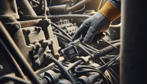 Technician adjusting a vibration monitoring sensor on a dusty excavator engine for heavy equipment evaluation.
