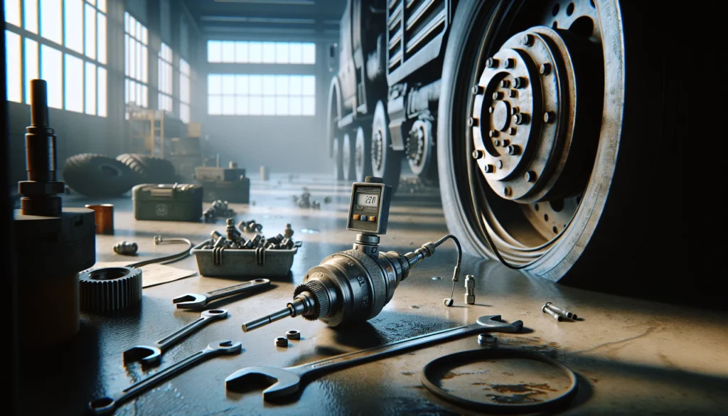 A technician installing a vibration meter sensor on a heavy-duty truck's drive shaft in a maintenance depot for fleet management.