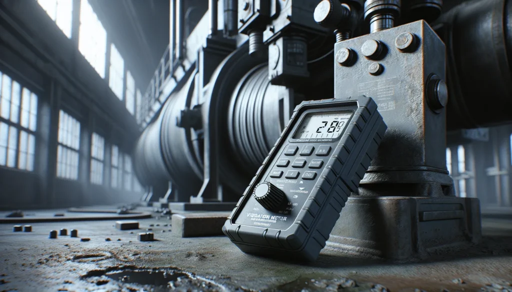 Vibration meter MV800 mounted on heavy machinery in an industrial workshop for predictive maintenance.