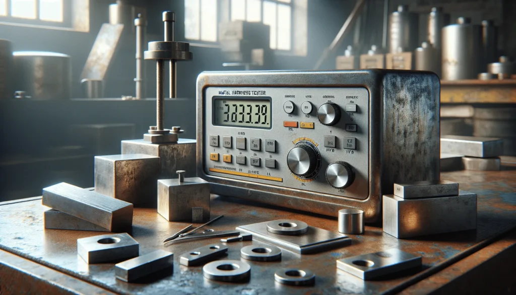 Close-up of a digital hardness tester displaying automatic conversion between HL, HRC, HB, and HV scales on a metal workshop table.