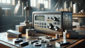 Close-up of a digital hardness tester displaying automatic conversion between HL, HRC, HB, and HV scales on a metal workshop table.
