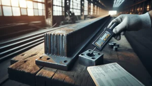 Close-up of a Leeb hardness tester measuring a weathered steel I-beam on a workbench with calibration blocks, for quick metal inspection.