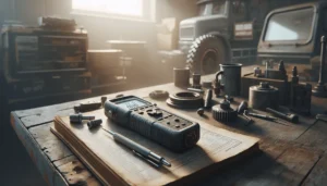 A weathered vibration meter and analyzer on a workbench, with logistics vehicle equipment in the background, for selecting the right vibration measurement tools.