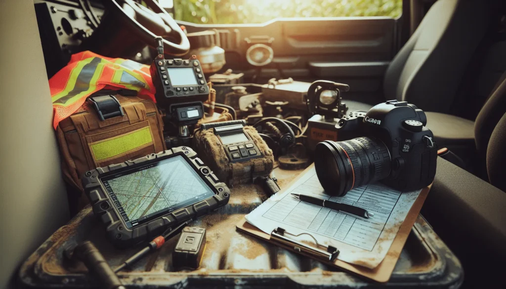 Professional road monitoring team using rugged tablet and checklist on vehicle hood to inspect infrastructure for mudik travel safety.