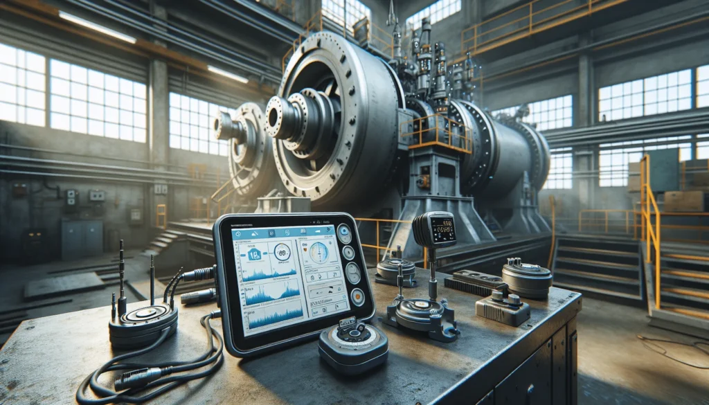 Vibration monitoring equipment and IoT sensors on industrial machinery, displaying real-time analytics for fleet reliability strategy.