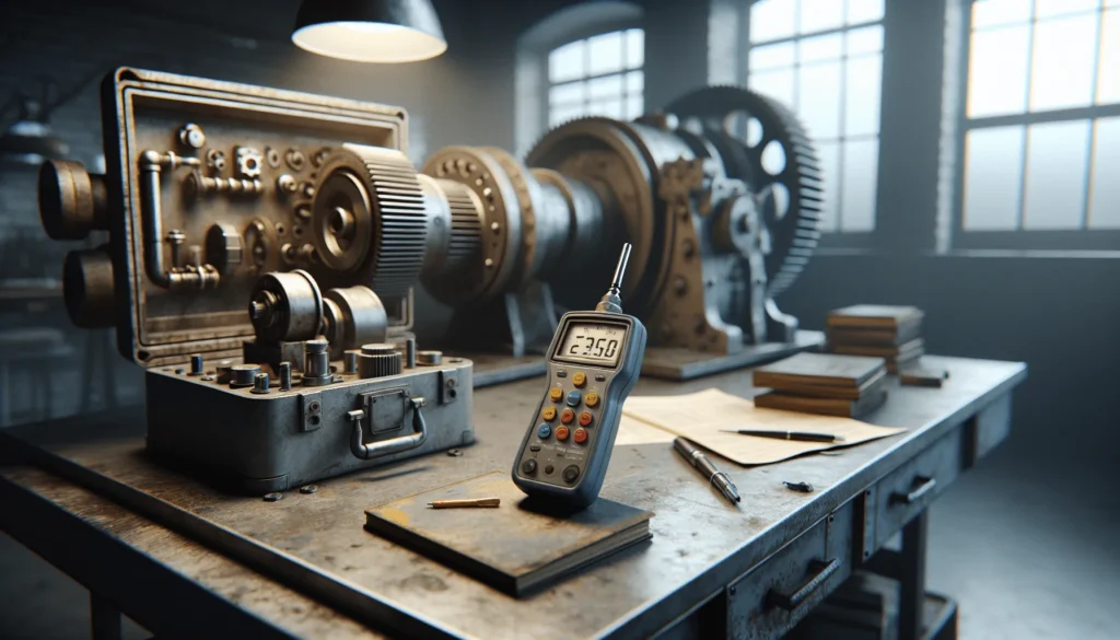 Vibration meter on a workbench next to heavy machinery gearbox for implementing cost-efficient maintenance strategies.