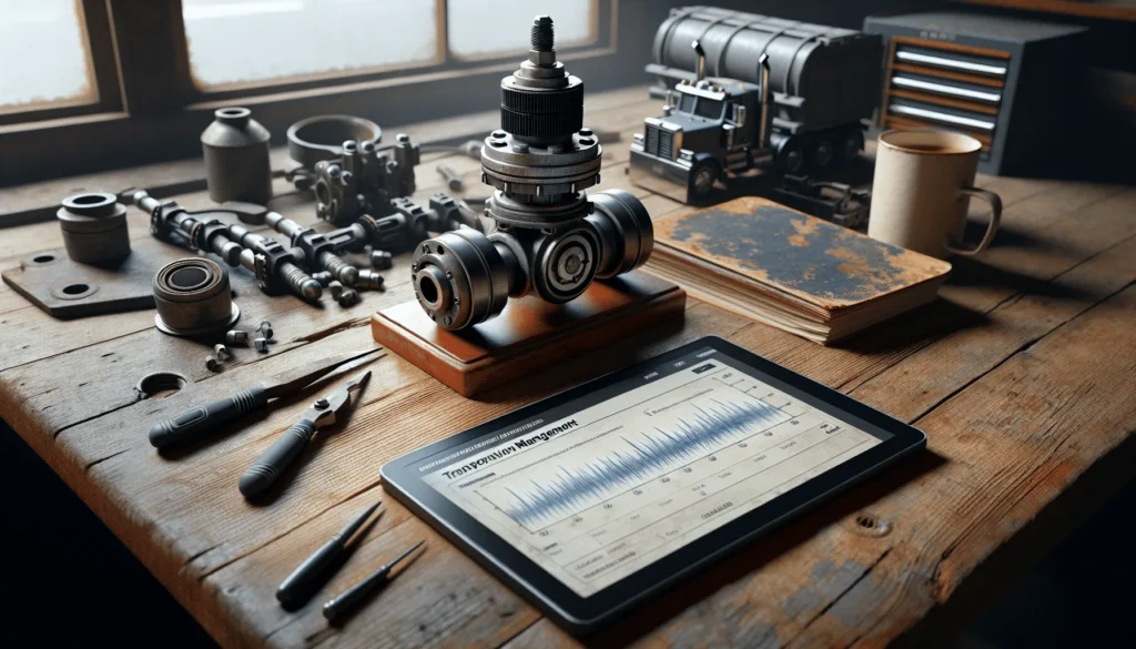 Weathered tablet displaying vibration sensor data graphs next to an industrial sensor mounted on a truck axle model, illustrating vibration sensor integration for transportation management.