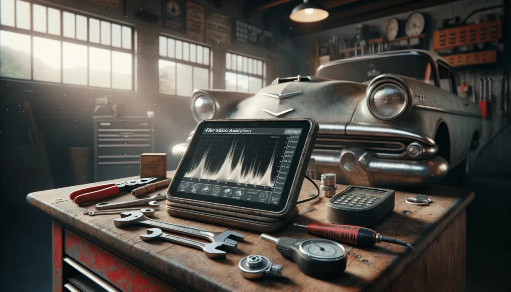 Weathered automotive diagnostic tablet showing vibration analysis graphs on a workbench, with certified inspection sticker visible, illustrating vehicle condition certification for auction value.