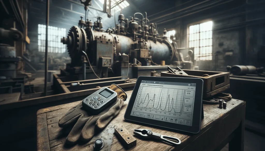 A worn workbench with a tablet showing real-time CBM data and a vibration sensor for optimal logistics strategy.