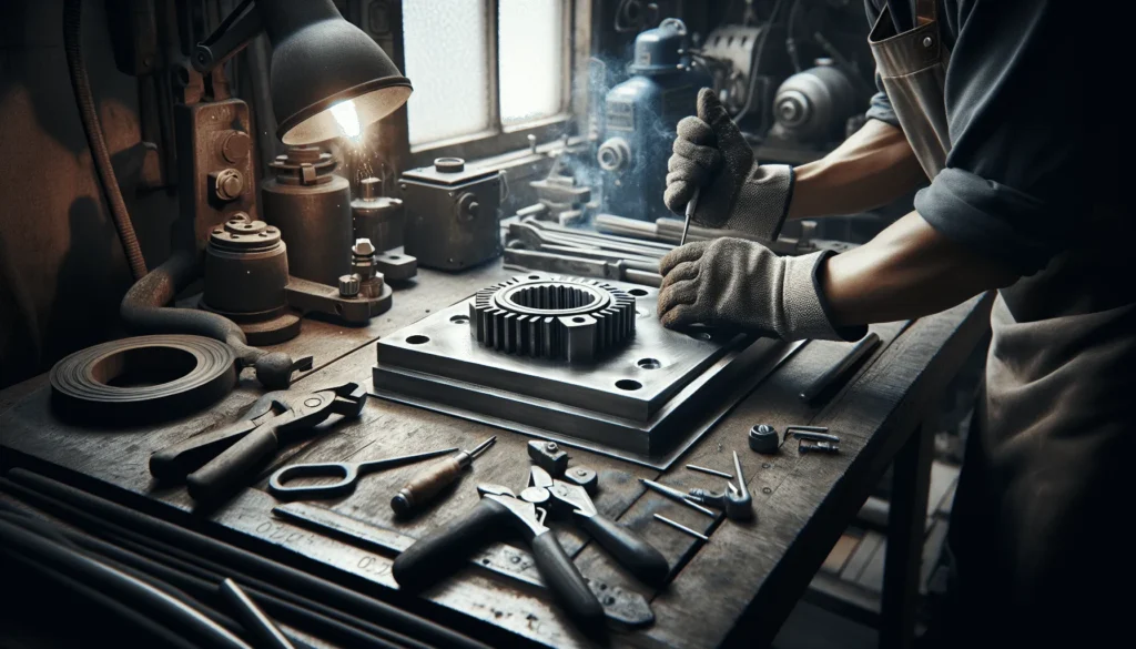 Professional welder's gloved hands adjusting a vibration-damping component on a massive steel plate in a heavy-duty fabrication workshop.