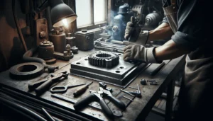 Professional welder's gloved hands adjusting a vibration-damping component on a massive steel plate in a heavy-duty fabrication workshop.