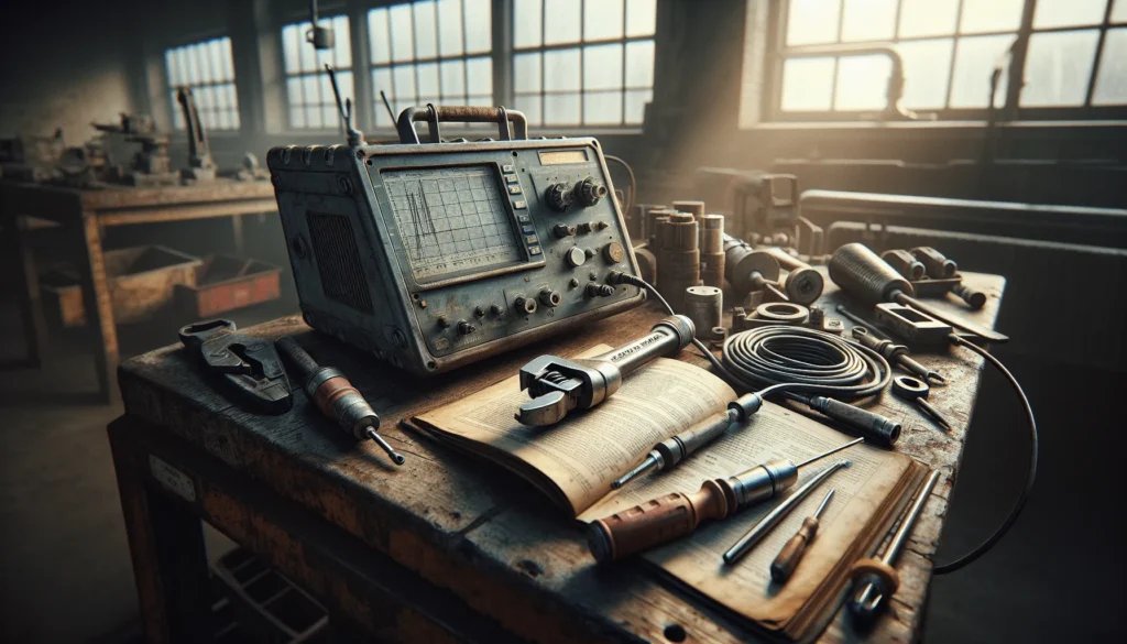 A weathered vibration analyzer and tools on a workshop bench, illustrating the shift from traditional to predictive maintenance.