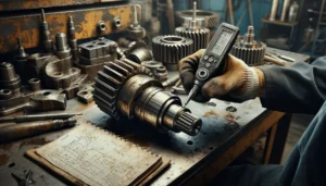 Technician performing on-site hardness testing on a worn industrial gear shaft in a maintenance workshop.