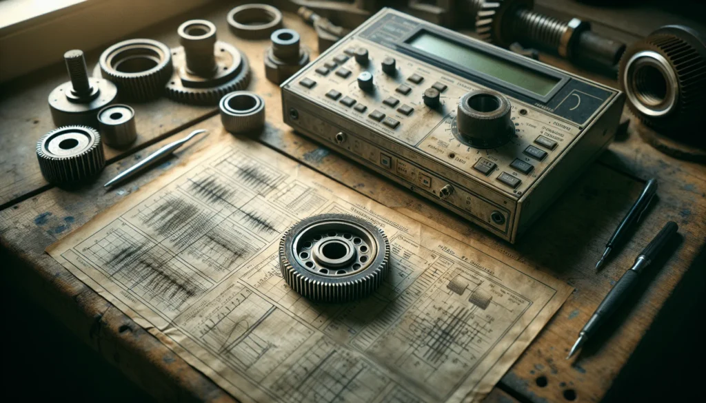 Vibration analyst using a device to diagnose bearing and gear damage on a workbench with technical schematics.