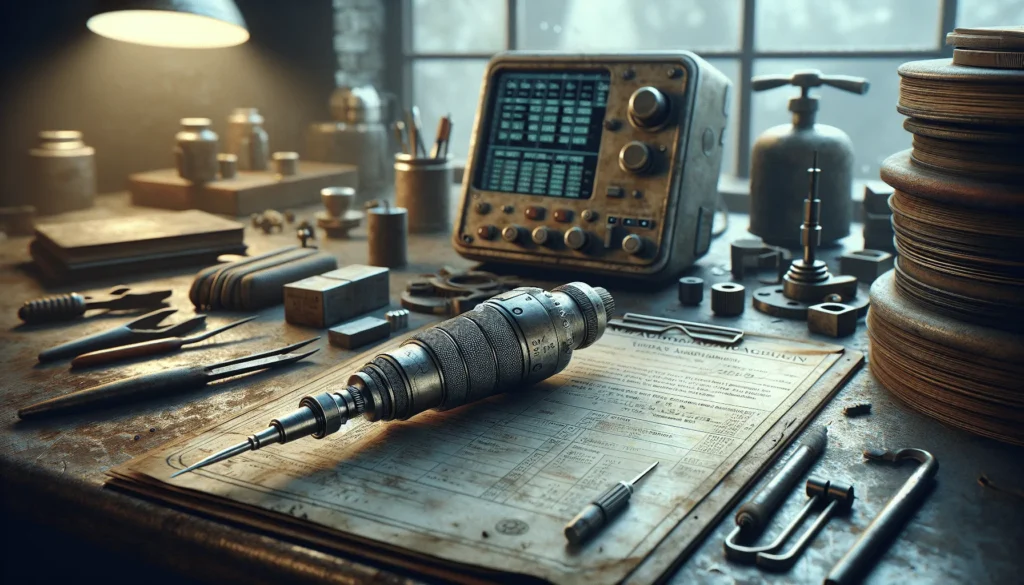 Close-up of a worn vibration sensor probe on a metal surface with calibration certificate and digital readout, illustrating a guide to overcoming measurement variation.