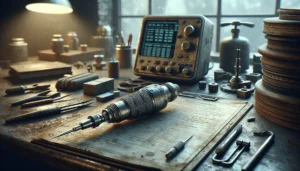 Close-up of a worn vibration sensor probe on a metal surface with calibration certificate and digital readout, illustrating a guide to overcoming measurement variation.