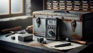 Mitech MH600 digital hardness tester in use on a textured steel sample in a professional workshop, demonstrating hardness testing for heavy equipment maintenance.