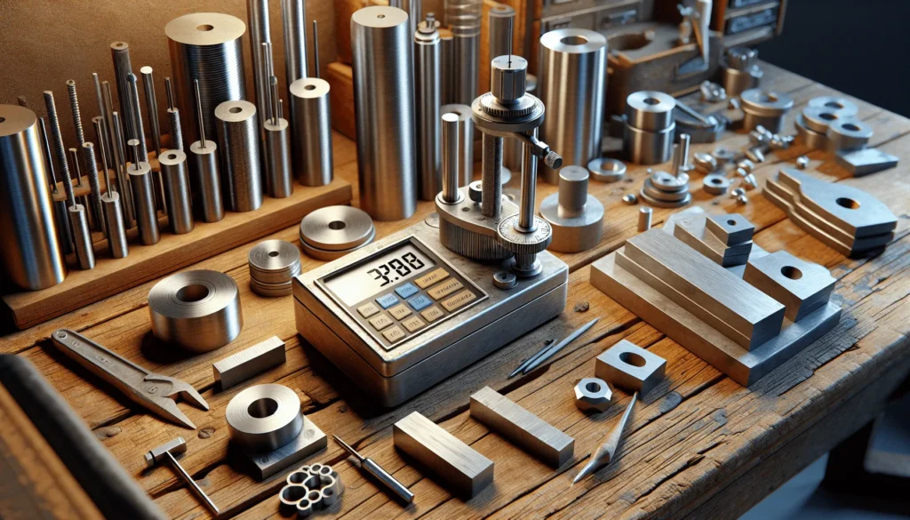 Multi-scale hardness tester on a worn wood bench with various metal samples for material identification.