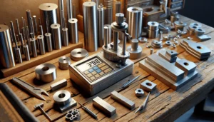 Multi-scale hardness tester on a worn wood bench with various metal samples for material identification.