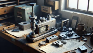 Mitech MH600 hardness tester undergoing multi-point calibration with metal blocks and tools on a workbench for accurate metal hardness testing.