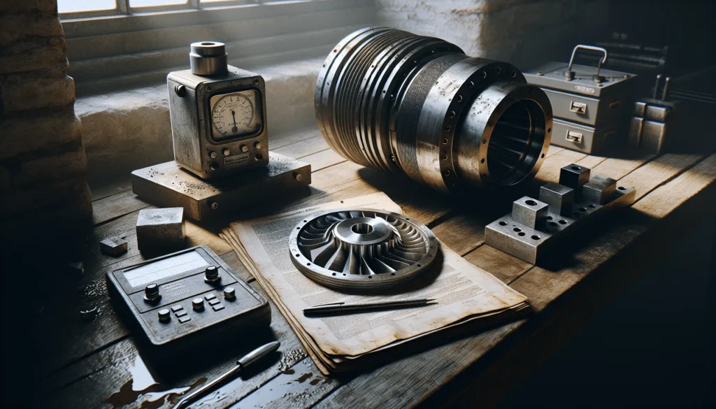 Close-up of a gas turbine component with a hardness tester on a technical manual, illustrating material toughness testing and ISO/ASTM measurement standards.