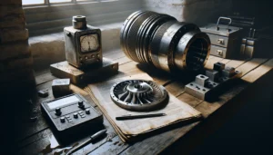Close-up of a gas turbine component with a hardness tester on a technical manual, illustrating material toughness testing and ISO/ASTM measurement standards.