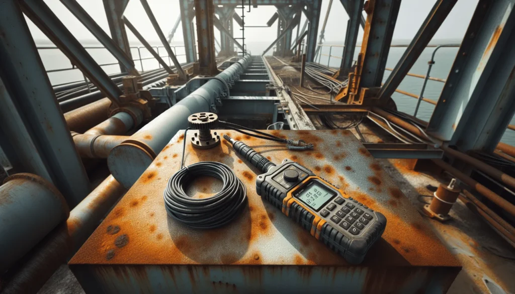 Inspeksi kekerasan baja korosi pada menara transmisi pesisir dengan alat uji portabel.