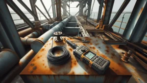 Inspeksi kekerasan baja korosi pada menara transmisi pesisir dengan alat uji portabel.