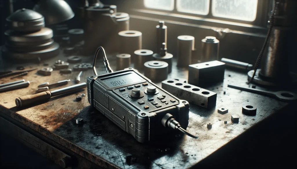 Alat uji kekerasan portabel IP65 di meja kerja lingkungan ekstrem PLN dengan peralatan kalibrasi dan debu logam.