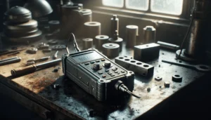 Alat uji kekerasan portabel IP65 di meja kerja lingkungan ekstrem PLN dengan peralatan kalibrasi dan debu logam.