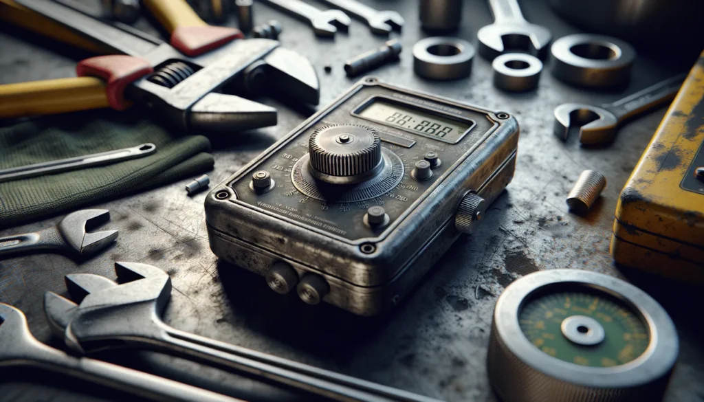 Vibration meter dengan tanda pakai ditempatkan di bengkel industri Indonesia, dikelilingi peralatan perawatan.