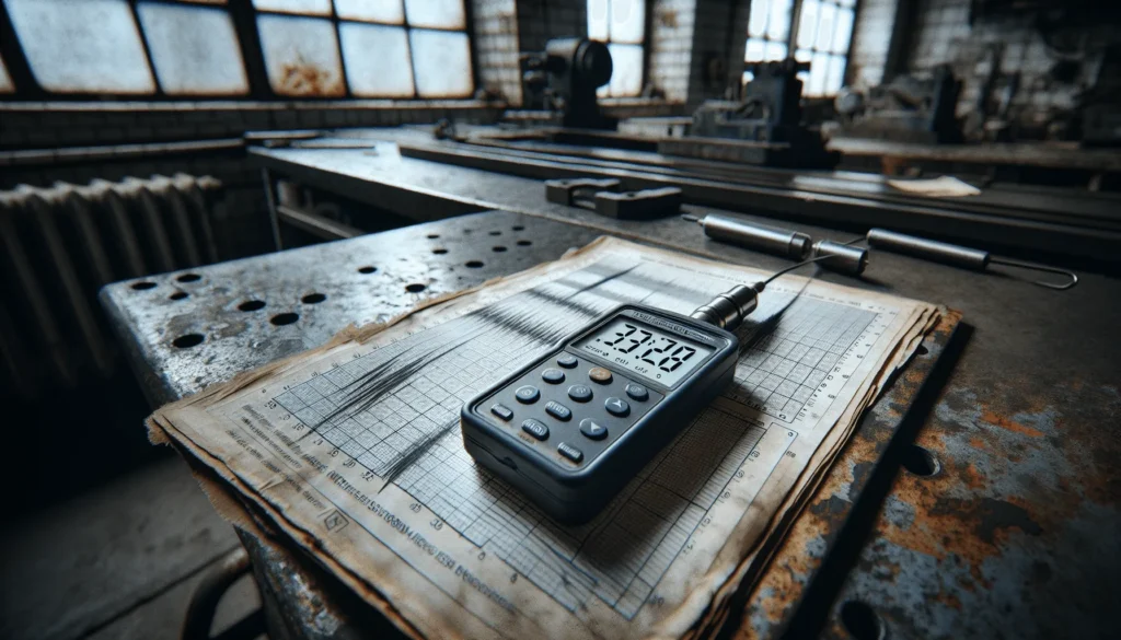 Vibration meter on an ISO 2372 chart showing a reading on a workshop bench.