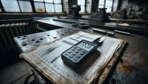 Vibration meter on an ISO 2372 chart showing a reading on a workshop bench.