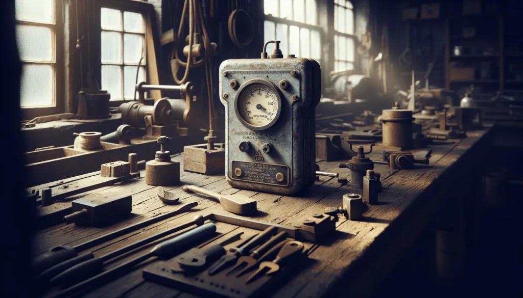 Weathered IP65-rated hardness tester on a rusted workbench in an authentic maritime workshop, highlighting durability for extreme environments.