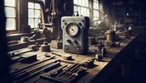 Weathered IP65-rated hardness tester on a rusted workbench in an authentic maritime workshop, highlighting durability for extreme environments.