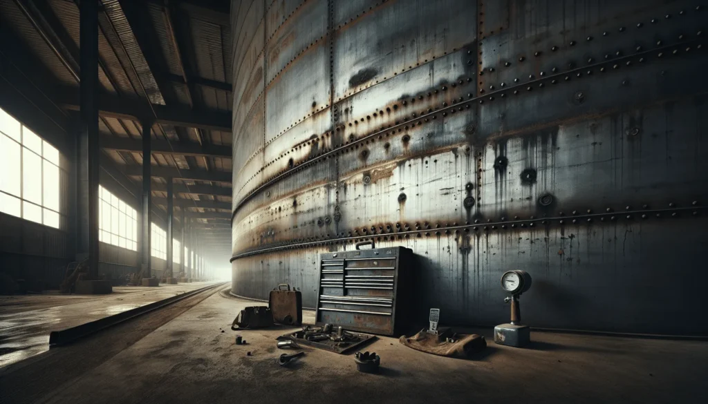 Weathered steel tank wall with patina and welding seams, technician's Leeb hardness tester on worn tool belt, illustrating standar kekerasan material in tangki minyak batu bara regulation.