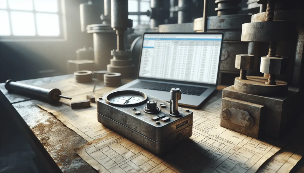 Weathered hardness tester on a metal surface in a power plant workshop, with schematics and predictive maintenance data on a laptop, illustrating material testing for predictive maintenance.