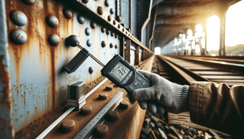Engineer using a coating thickness gauge and durometer hardness tester on a weathered steel bridge girder during a material integrity inspection.