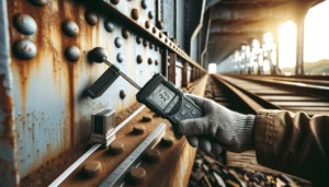 Engineer using a coating thickness gauge and durometer hardness tester on a weathered steel bridge girder during a material integrity inspection.