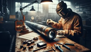 Technician performing magnetic particle testing to detect a fine crack in a welded gas pipeline seam for material fatigue analysis.