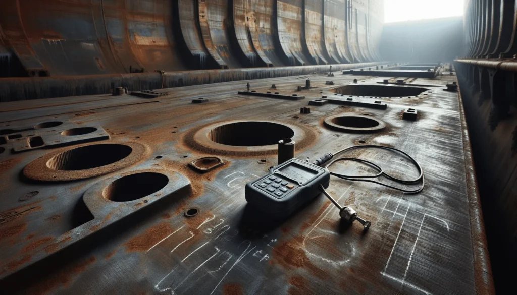 Permukaan baja lambung kapal di galangan kering dengan alat uji kekerasan portabel di area uji uji, relevan untuk survei struktur kapal.