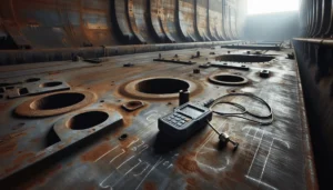 Permukaan baja lambung kapal di galangan kering dengan alat uji kekerasan portabel di area uji uji, relevan untuk survei struktur kapal.