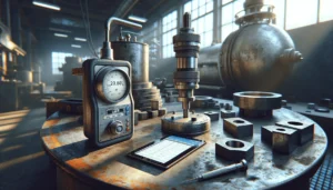 Leeb hardness tester measuring the weathered steel surface of an industrial pressure vessel during a technical inspection.