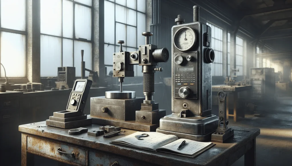 Three distinct hardness testers—Brinell, Rockwell, and portable—on a workbench in a power plant maintenance workshop.