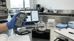 Praktisi memilih ultrasonic thickness gauge untuk pabrik parfum di meja kerja kayu dekat botol kaca buram.