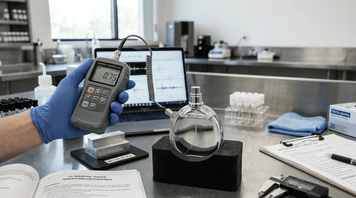 Praktisi memilih ultrasonic thickness gauge untuk pabrik parfum di meja kerja kayu dekat botol kaca buram.
